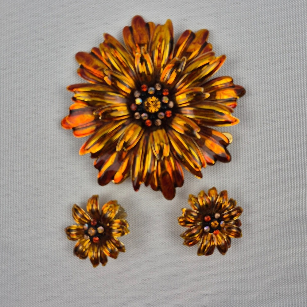 Joan Rivers‎ Vtg 90s Orange Chrysanthemum Brooch & Clip Earrings Rhinestone